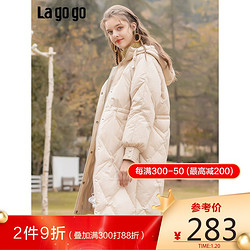 Lagogo2019冬季新款韩版白鸭绒插肩袖中长款宽松连帽羽绒服女