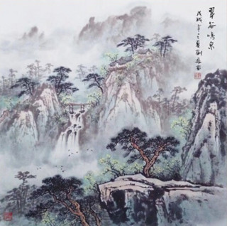 尚得堂手绘国画山水画风水靠山客厅斗方字画玄关画挂画装饰画水墨画 沙比利实木框-圆角棕色 装裱85*85