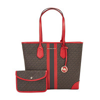 迈克 科尔斯 MK MICHAEL KORS 女士Eva系列人造革拼皮Logo老花托特包 30T9GV0T7B BRN/BRT RED