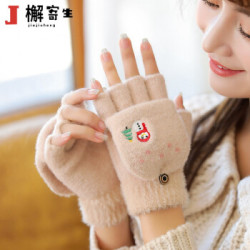 檞寄生 手套女冬天半指加绒手套