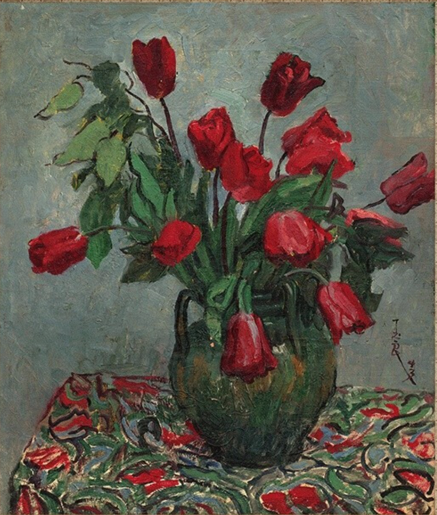 艺术品风景油画碎花布与红色郁金香潘玉良6456cm