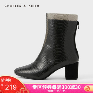 CHARLES＆KEITH2021春季女靴女鞋CK1-90360316材质拼接圆头高跟短靴女 Black黑色 35