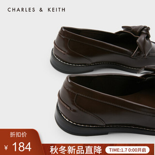 CHARLES＆KEITH2021春季CK1-70380800女士蝴蝶结饰低跟乐福鞋 Dark Brown深啡色 38
