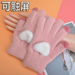 韩版针织手套女冬可爱加绒保暖简约学生ins 可触屏棉五指骑行防寒