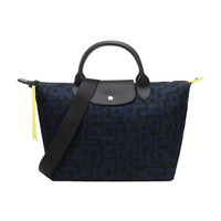 LONGCHAMP 珑骧 奢侈品 女士LE PLIAGE LGP系列中号黑色海军蓝字母织物短柄手提单肩包饺子包 1515 412 H05