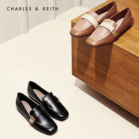CHARLES＆KEITH2021春季CK1-70380818女士金属扣饰方头乐福鞋 Cognac白兰地色 35