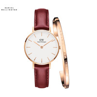 丹尼尔惠灵顿（DanielWellington）DW手表女款28mm白盘金边红皮带学生手表DW00100266+大号手镯DW00400001
