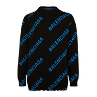 巴黎世家 BALENCIAGA FW20秋冬 男士Allover Logo提花棉质超大版型圆领针织衫 625970 T3178 1165 黑蓝 XS