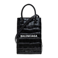 巴黎世家 BALENCIAGA FW20秋冬 女士Shopping方格竖款皮革鳄鱼压纹手机包手提斜挎包 593826 1U61N 1090 黑色