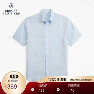 Brooks Brothers/布克兄弟男士亚麻扣结领休闲短袖衬衫1000063821 B465-天蓝色 L