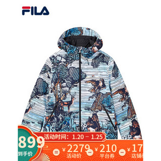 FILA 斐乐官方 男士羽绒服 2020年冬季黄景瑜同款时尚图案宽松保暖外套 勿忘我蓝-LB 170/92A/M