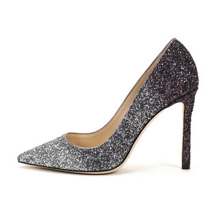 周仰杰 JIMMY CHOO 女士闪光面料高跟鞋银色灰色紫色渐变 ROMY 100 VNB 204 SILVER ANTHRACITE PLUM 39码