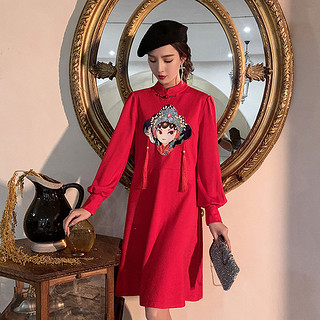 改良旗袍现代年轻款唐装女盘扣中国风复古女装国潮少女长袖连衣裙 L 红色
