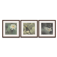 雅昌 简约 新中式古画 组合荷花系列 国画三联挂画 茶褐色 67×67cm/幅