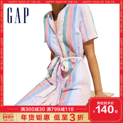 Gap女装亚麻透气收腰短袖连衣裙 583117 夏季女士时尚长款裙子