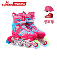 美洲狮（COUGAR）溜冰鞋儿童闪光轮滑鞋男女滑冰旱冰鞋全套装 欧盟品质 粉青套装 L(可调37-41码) *2件