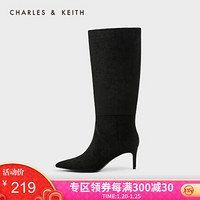 CHARLES＆KEITH2021春季CK1-90360326女士简约尖头高跟长靴 Black Textured黑色纹理 39