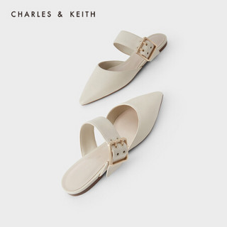 CHARLES＆KEITH2021春新品CK1-70900259女士宽绊带尖头平底穆勒鞋 粉白色Chalk 35