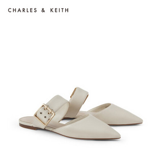 CHARLES＆KEITH2021春新品CK1-70900259女士宽绊带尖头平底穆勒鞋 粉白色Chalk 35