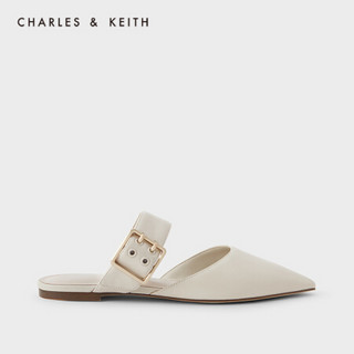 CHARLES＆KEITH2021春新品CK1-70900259女士宽绊带尖头平底穆勒鞋 粉白色Chalk 35