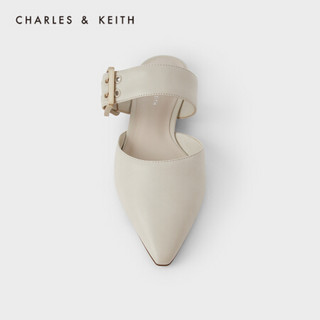 CHARLES＆KEITH2021春新品CK1-70900259女士宽绊带尖头平底穆勒鞋 粉白色Chalk 35