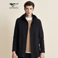 七匹狼风衣男士2020秋季净色连帽时尚休闲中长款舒适百搭外套男装1D1A50704202001(黑色)190/104A/4XL