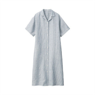 无印良品 muji 女式 法国亚麻水洗 五分袖开襟连衣裙 米白色x条纹 xs