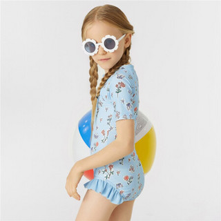 安奈儿童装女童连体泳衣套装2021年春装新款清新印花荷叶花边配泳帽 蓝紫花 160cm