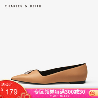 CHARLES＆KEITH新品CK1-70390267彩绘金属扣尖头平底单鞋女 Caramel焦糖色 36