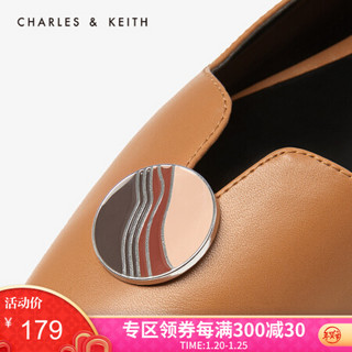 CHARLES＆KEITH新品CK1-70390267彩绘金属扣尖头平底单鞋女 Caramel焦糖色 36