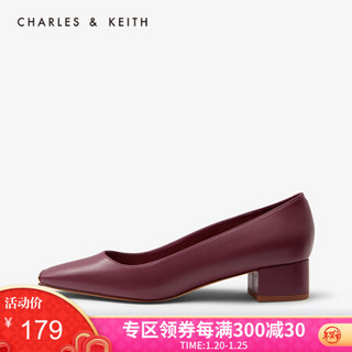 CHARLES＆KEITH女鞋春季CK1-60900130金属装饰方头中跟单鞋女 Prune深紫红色 38