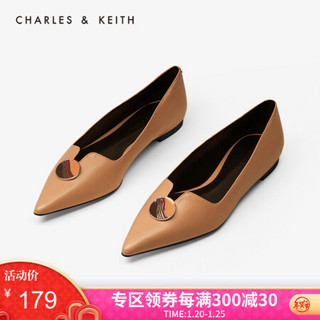 CHARLES＆KEITH新品CK1-70390267彩绘金属扣尖头平底单鞋女 Caramel焦糖色 36