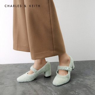 CHARLES＆KEITH2021春季CK1-60920230女士毛绒高跟玛丽珍鞋单鞋 Sage Green灰绿色 39