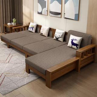 吉木多 新中式实木沙发组合小户型贵妃转角可变床沙发床(原木色 四人位+贵妃)