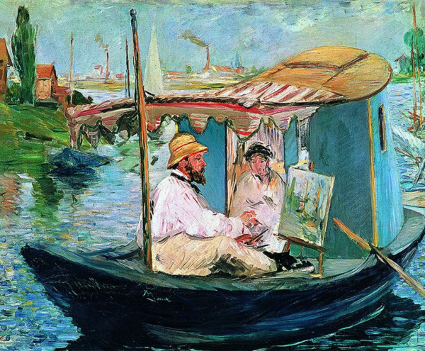 马奈名人油画船上画室中的莫奈典雅栗88105cm