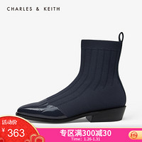 CHARLES＆KEITH女靴女鞋CK1-91680055材质拼接方头低跟短靴女靴 DARK BLUE深蓝色 37