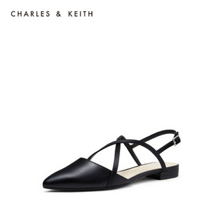 CHARLES＆KEITH2021春季CK1-70900178交叉带饰尖头平底单鞋女 Black黑色 35