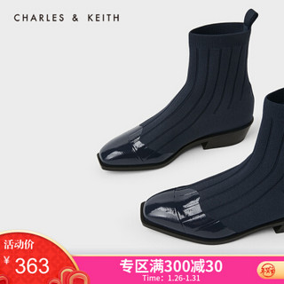 CHARLES＆KEITH2021春季CK1-90920076女士拼接鞋面方头低跟袜靴瘦瘦靴 DARK BLUE深蓝色 36