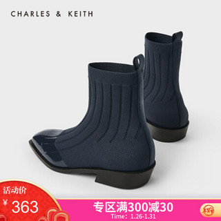 CHARLES＆KEITH2021春季CK1-90920076女士拼接鞋面方头低跟袜靴瘦瘦靴 DARK BLUE深蓝色 36