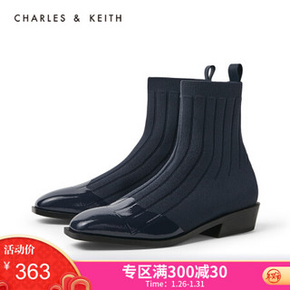 CHARLES＆KEITH2021春季CK1-90920076女士拼接鞋面方头低跟袜靴瘦瘦靴 DARK BLUE深蓝色 36