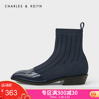 CHARLES＆KEITH2021春季CK1-90920076女士拼接鞋面方头低跟袜靴瘦瘦靴 DARK BLUE深蓝色 36