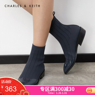 CHARLES＆KEITH2021春季CK1-90920076女士拼接鞋面方头低跟袜靴瘦瘦靴 DARK BLUE深蓝色 36