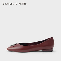 CHARLES＆KEITH2021春季SL1-71720048女士半宝石装饰低跟单鞋 Burgundy葡萄酒红色 35