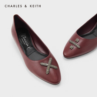 CHARLES＆KEITH2021春季SL1-71720048女士半宝石装饰低跟单鞋 Burgundy葡萄酒红色 35