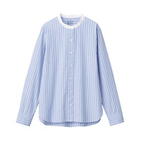 無印良品 MUJI 無印良品 女式 新疆棉水洗平纹 立领衬衫 烟熏蓝色X条纹 XS