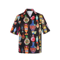 范思哲 VERSACE 奢侈品 男士聚酯纤维花瓶图案短袖衬衫 黑色 A85919 A233880 A7930 39码 170/84A