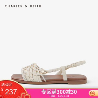 CHARLES＆KEITH2021春季CK1-70380783女士编织鞋面平跟露趾凉鞋 Cream奶白色 40