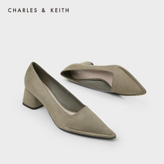 CHARLES＆KEITH2021春季CK1-60920221女士通勤尖头中跟单鞋 Olive橄榄绿色 35