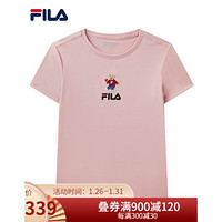 FILA 斐乐 女装WHITE LINE系列官方女士T恤2021春季新款舒适肤经典针织短袖衫商场同款 麦町粉-PK 180/96A/XXL