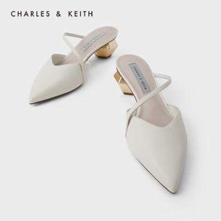 CHARLES＆KEITH2021春季新品CK1-61720056女士几何粗跟尖头穆勒鞋 粉白色Chalk 37